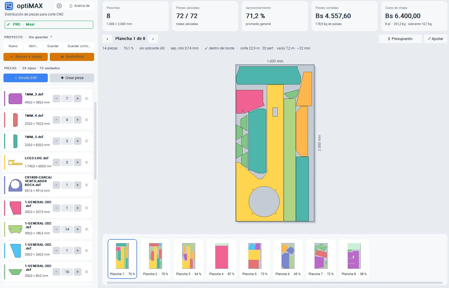 optiMAX con 72 piezas distribuidas en 8 planchas de 1.000 × 2.000 mm, 71,2 % de aprovechamiento