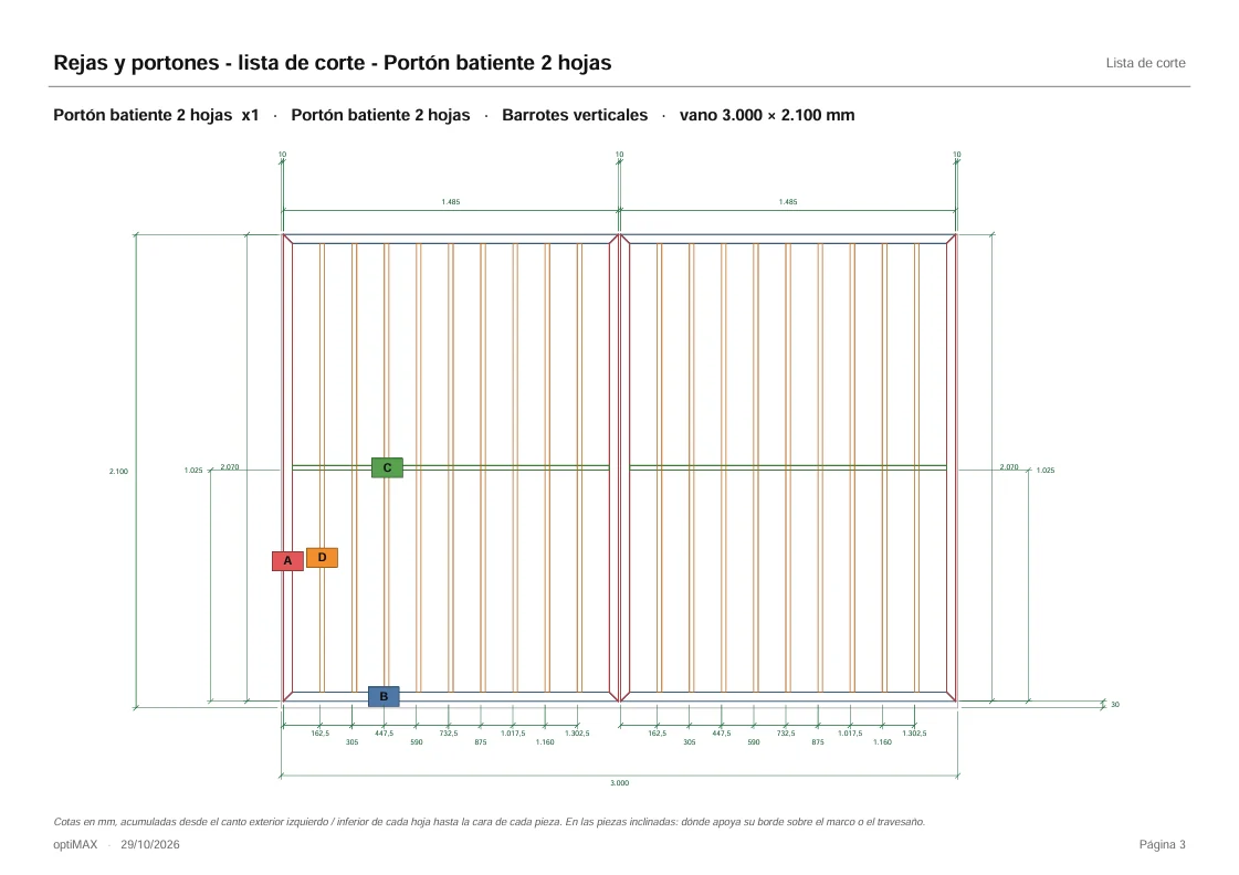 Plano en PDF del portón batiente de 2 hojas con cotas acumuladas y piezas marcadas por letra