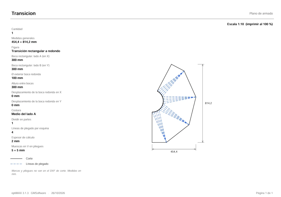 Plano de armado en PDF de una transición rectangular a redondo de 300 × 300 mm a Ø 100 mm, escala 1:10, con líneas de plegado