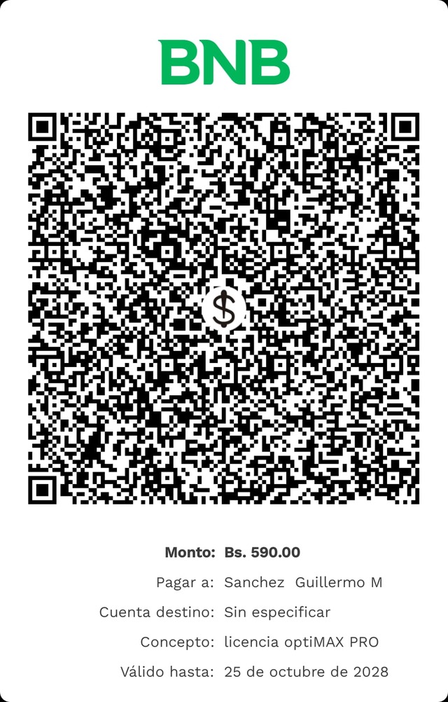 QR de cobro del Banco Nacional de Bolivia por 590 Bs, concepto licencia optiMAX PRO